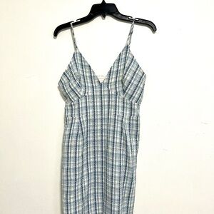 Blue Plaid Spaghetti Strap Midi Dress